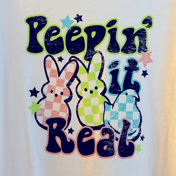 PEEPIN’ IT REAL Tee * PEEPS EASTER T-Shirt * White with Black Green Pink Blue XL - Picture 2 of 4